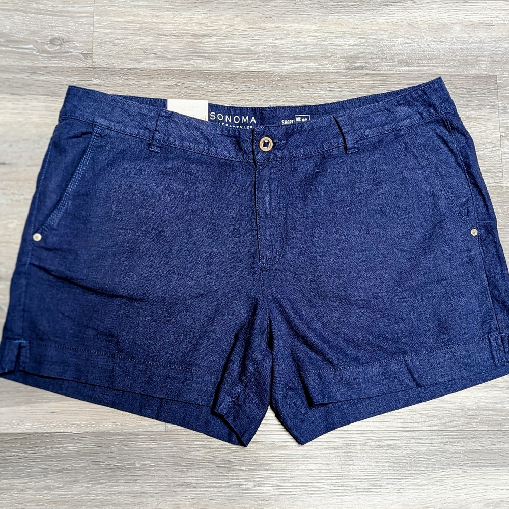 NWT Sonoma Linen Blend Shorts Size 16 Navy Stretch